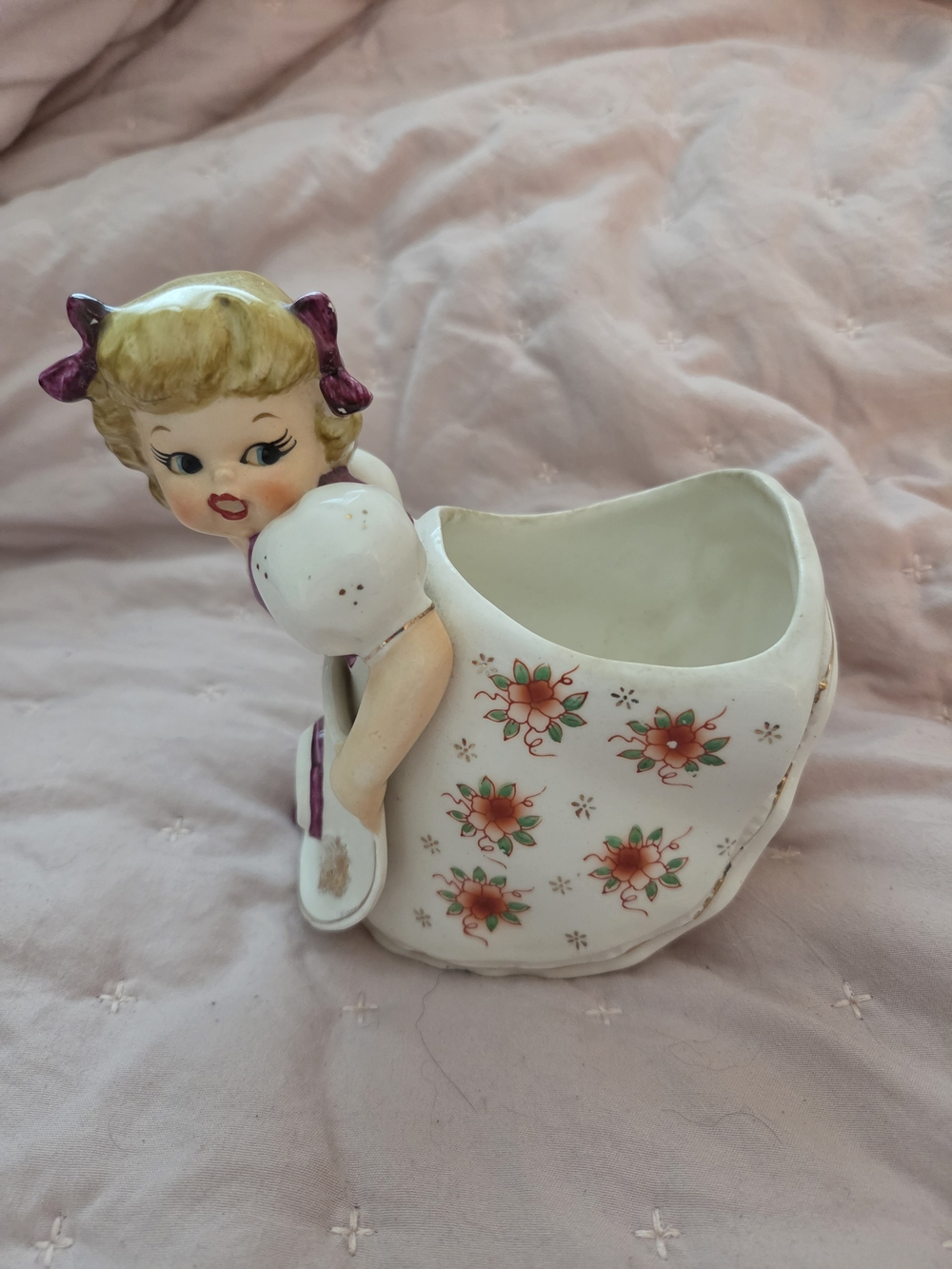 Vintage Napco Ceramic Girl Planter with Floral Motif